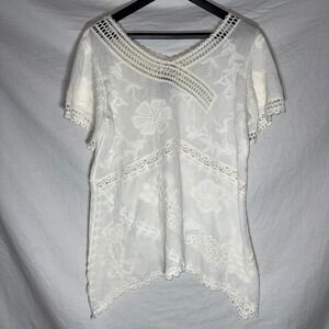 NWT Arianna by Howard's White Embroidered Crochet Lace Sharkbite Blouse L/XL